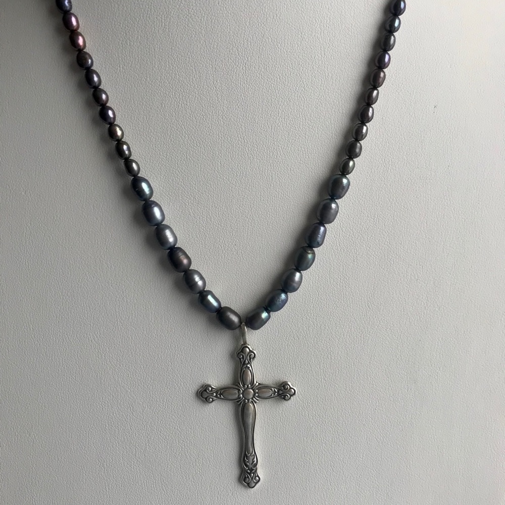 Black pearl and sterling cross necklace
